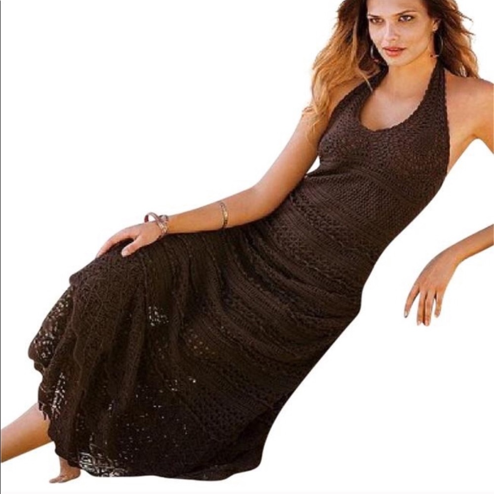 Brown Crochet Halter Maxi Dress